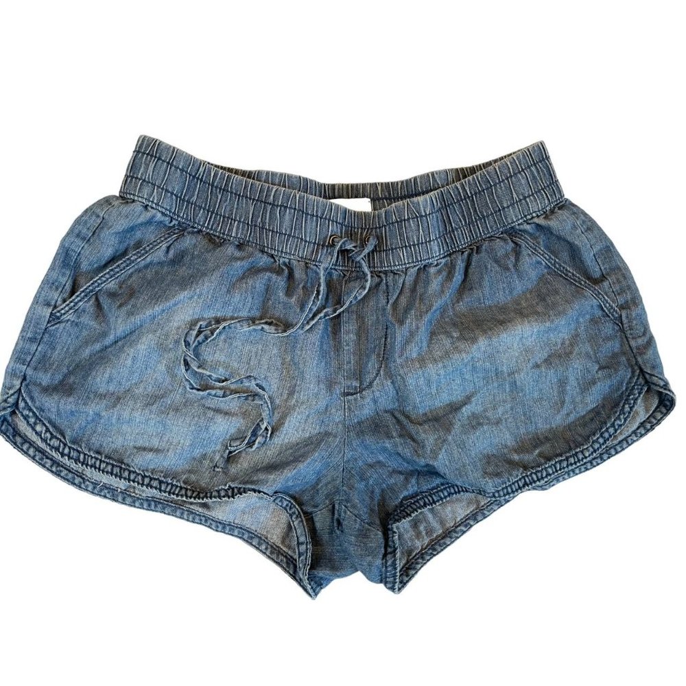 SO Womens Chambray Denim Shorts Mid Rise Classic Drawstring Waist Blue Size M